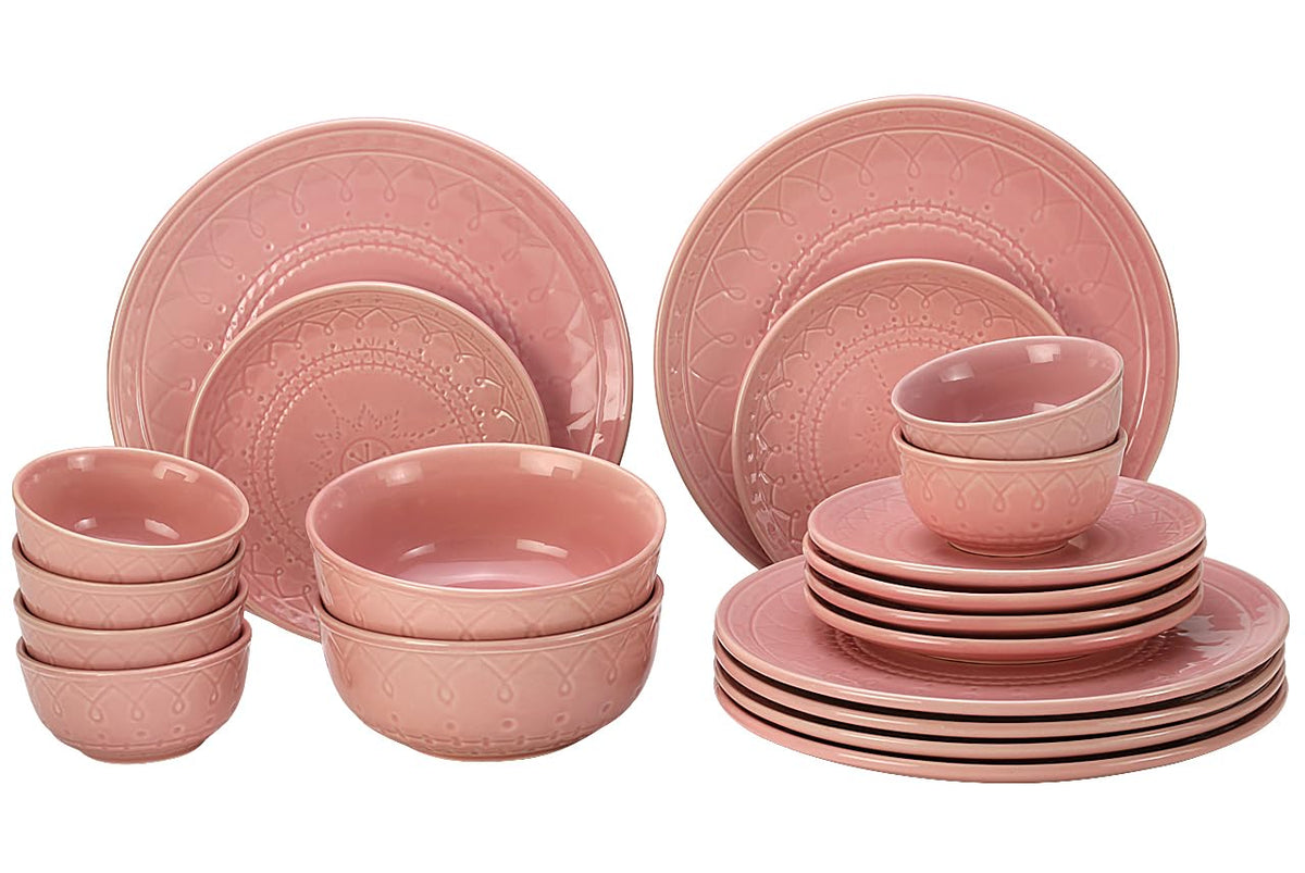 Handcrafted Stoneware Embossed Ceramic Dinner Set Of 20 Pcs With Serving Bowl Set - Light Pink | 6 Dinner Plates+ 6 Small Plates+ 6 Small Dinner Bowls, 180ml Each+ 2 Serving Bowl, 1000ml Each