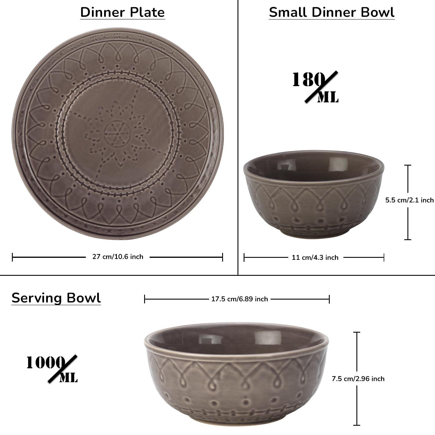 Handcrafted Ceramic Dinner Set Of 10 Pcs With Serving Bowls Set - Ash Grey | 4 Dinner Plates + 4 Small Dinner Bowl, 180ml Each + 2 Serving Bowl, 1000ml Each | Dishwasher Safe - Serving For 4