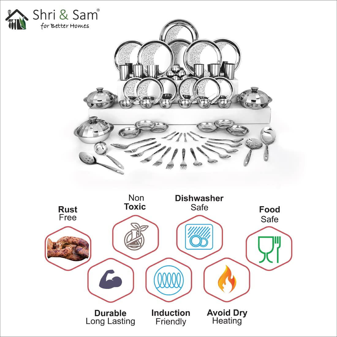 Designer Stainless Steel Delight Laser Bloom Dinner Set Of 68 Pieces, Silver | Easy To Clean & Dishwasher Safe