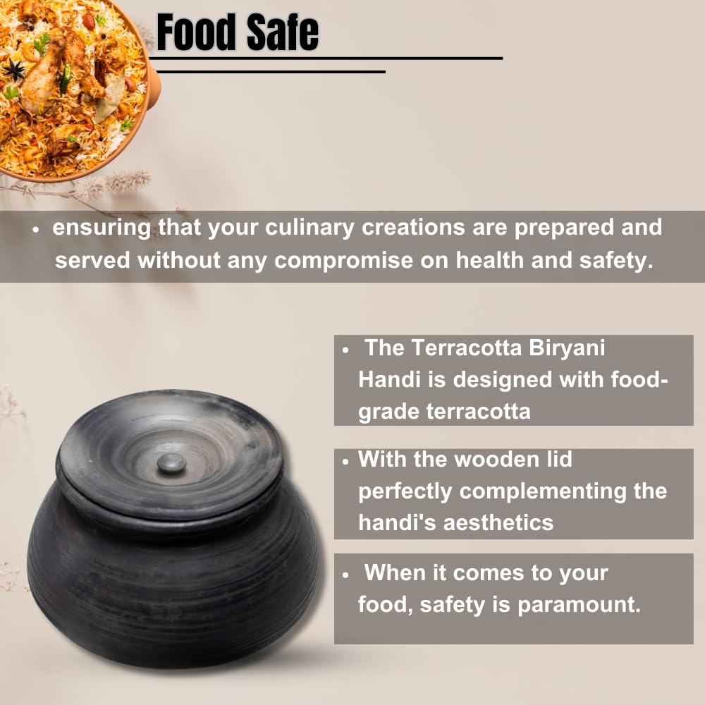 Exclusive Range Unglazed Clay Biryani Handi With Lid - 3 Liters | Earthen Pot For Cooking With Lid, Black