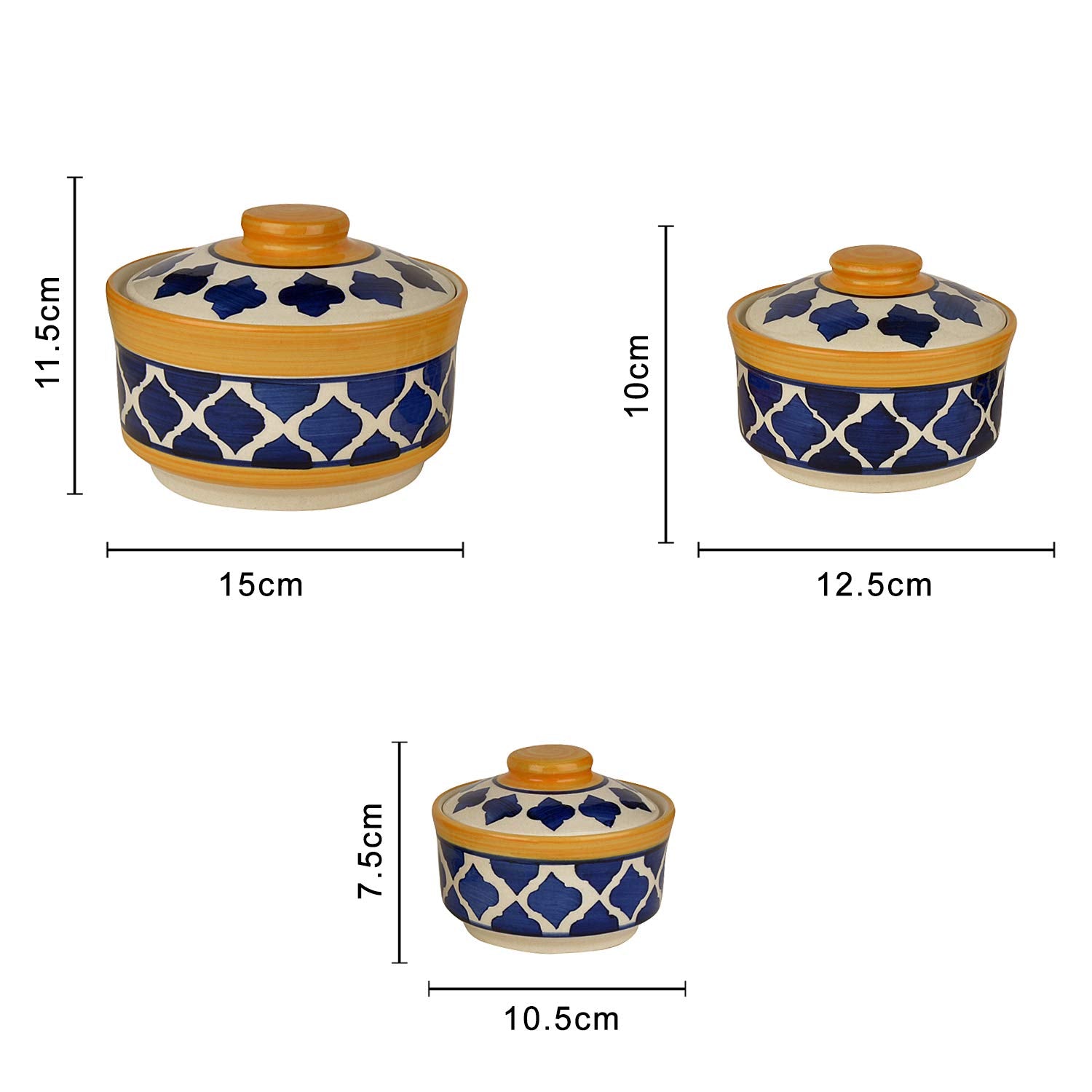 Hand Painted Ceramic Serving Donga With Lid Casserole Set Of 3 - 900ml, 500ml & 300ml, Blue & Yellow | Dinner Serving Set - Stackable Kitchen Bowl Set