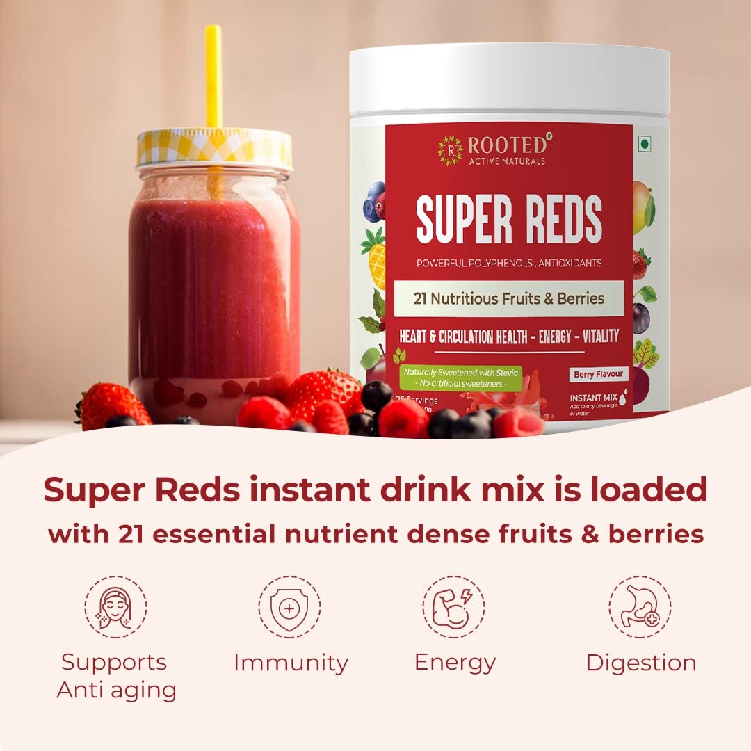 Rooted Actives Super Reds , 21 Nutritious Fruits, Berries & Stevia , No Added Sugar | Rich In Antioxidants, Flavonoids & Polyphenols , Heart, Circulation Health, Energy & Vitality | 250gm 0.5lbs