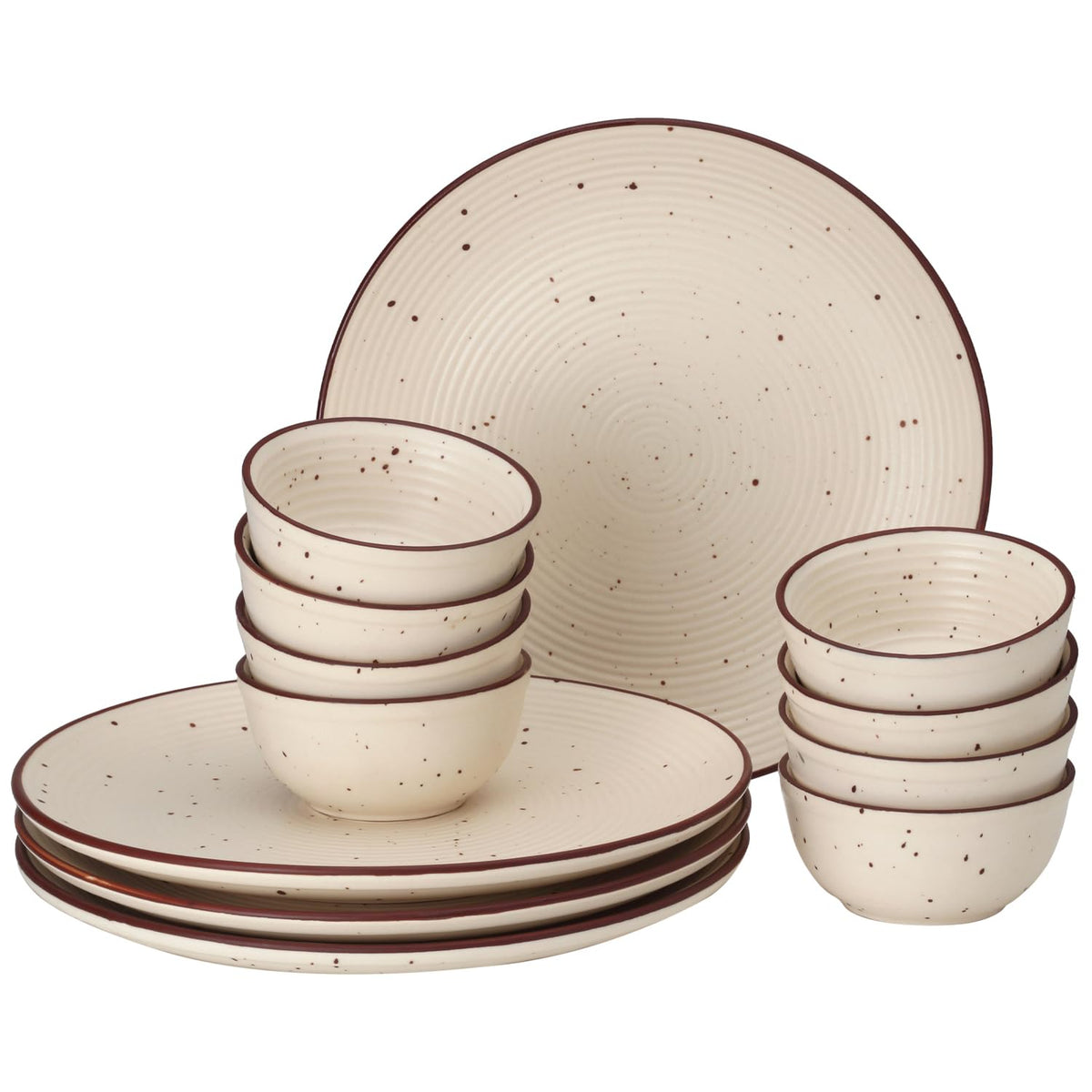 Handcrafted Ceramic Stoneware Dinner Set - Pack Of 12 Pcs, Beige | 4 Dinner Plates, 10.6 Inch Each + 8 Salad Bowl, 180ml Each - Microwave & Dishwasher Safe