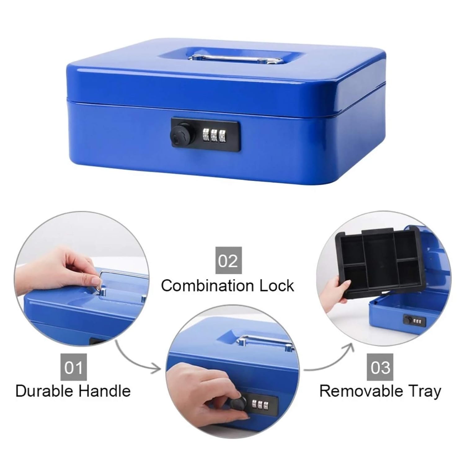 Metal Cash Box With Number Combination Lock, Size - Small, Colour - Blue, Material - Iron, Special Feature - Removable Tray