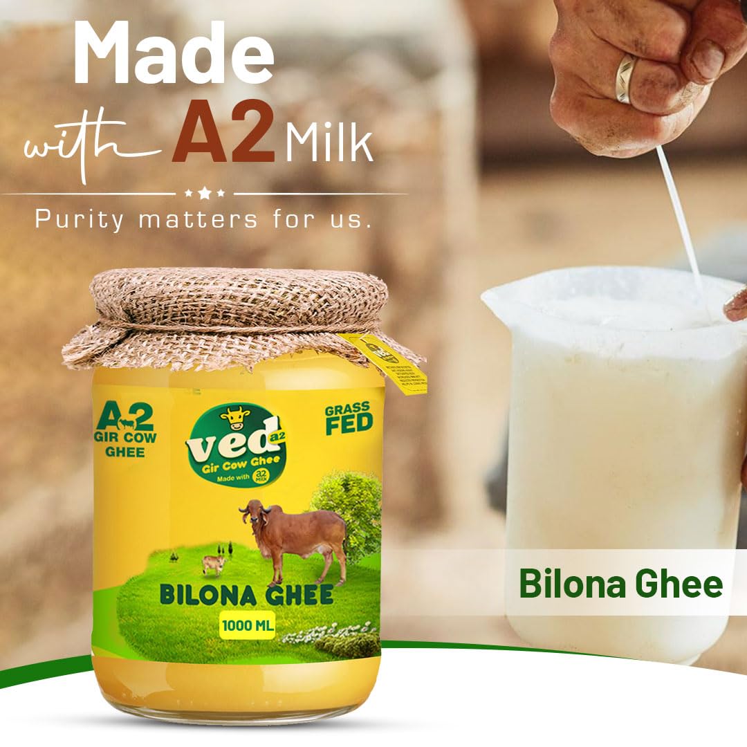 100% Pure A2 Gir Cow Ghee By Ved-A2 | Traditional Bilona Method Healthy Desi Ghee Good For Baking | (1 Litr) 33.8 Ounce | Jar Pack