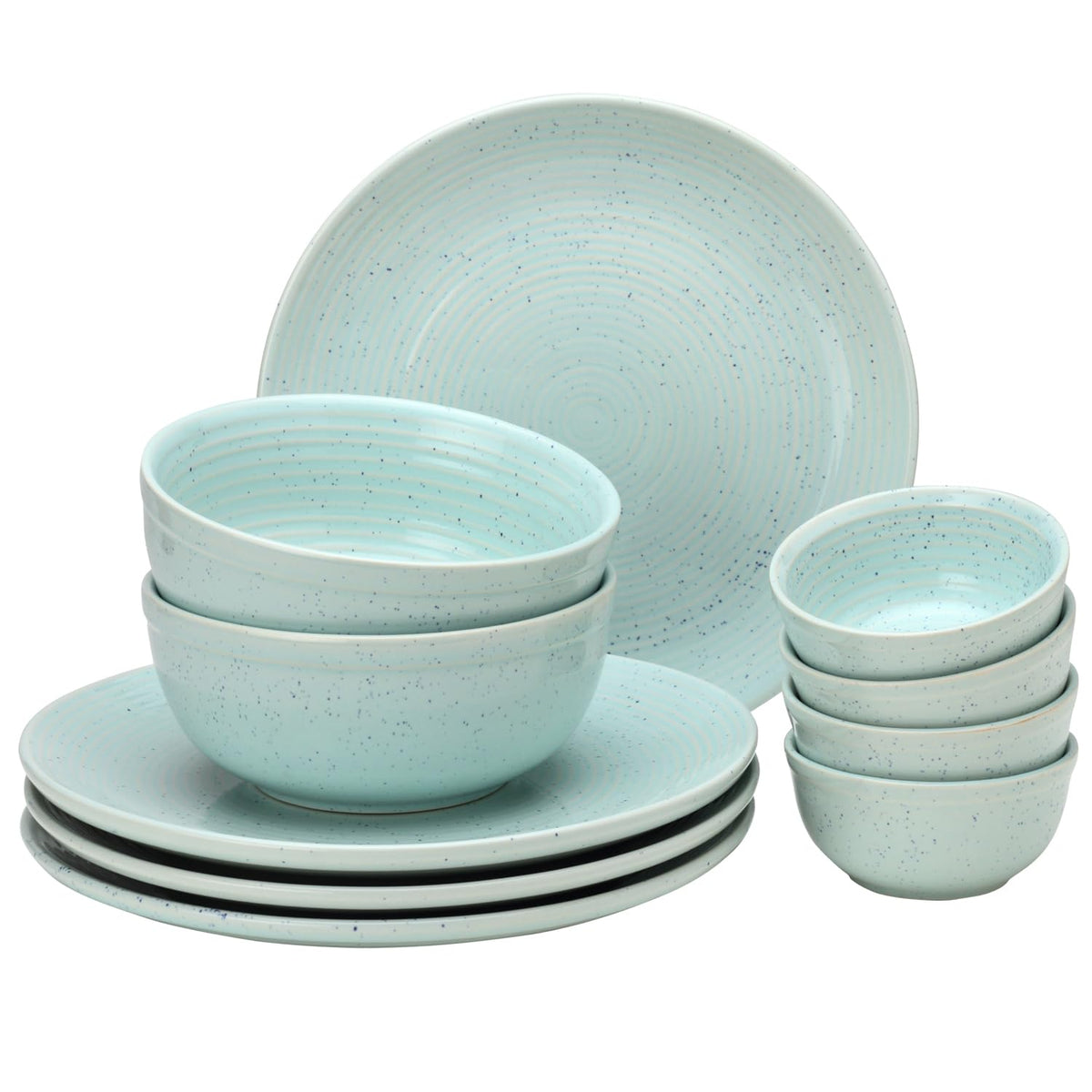 Handcrafted Ceramic Stoneware Dinner Set Of 10 Pcs With Serving Bowl Set - Mint Green | 4 Dinner Plates, 10.6 Inch Each + 4 Salad Bowl, 180ml Each+ 2 Serving Bowl, 1000ml Each