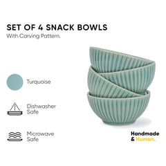 Ceramic Snack Bowl Set Of 4 - 300ml Each, Light Mint | Ceramic Snack Bowls With Glossy Finish - Snacks Bowls Set Of 4 | Microwave Safe & Dishwasher Safe