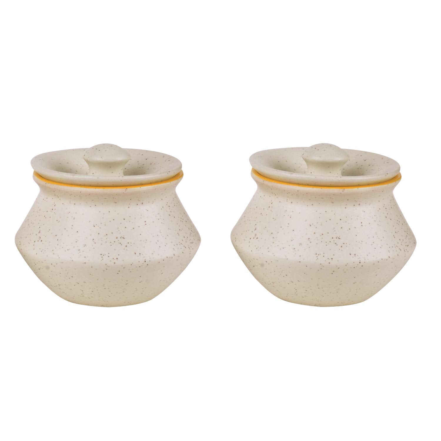 Ceramic Matt Finish Handi With Lid Set Of 2 - 300ml Each, White & Yellow | Dahi Handi - Serving Pot - Biryani Handi