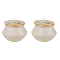 Ceramic Matt Finish Handi With Lid Set Of 2 - 300ml Each, White & Yellow | Dahi Handi - Serving Pot - Biryani Handi