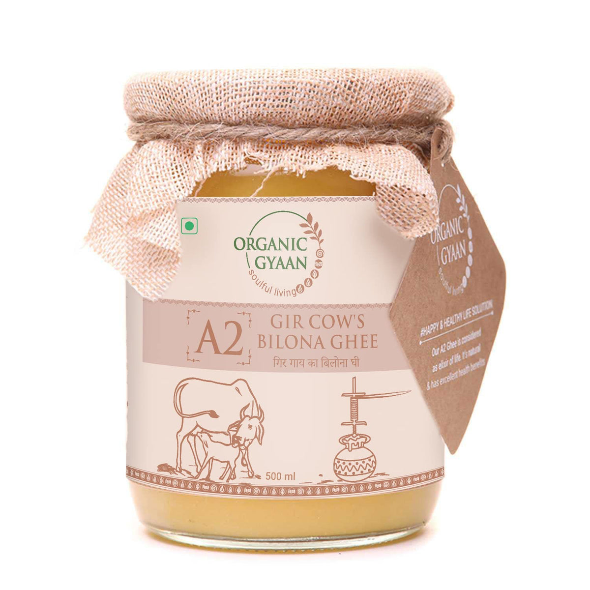 Natural A2 Gir Cow'S Bilona Ghee By Organic Gyaan | Good Source Of Healthy & Nutrients Desi Cow Ghee Perfect For Sweets | (500ml) 16.9 Ounce | Jar Pack