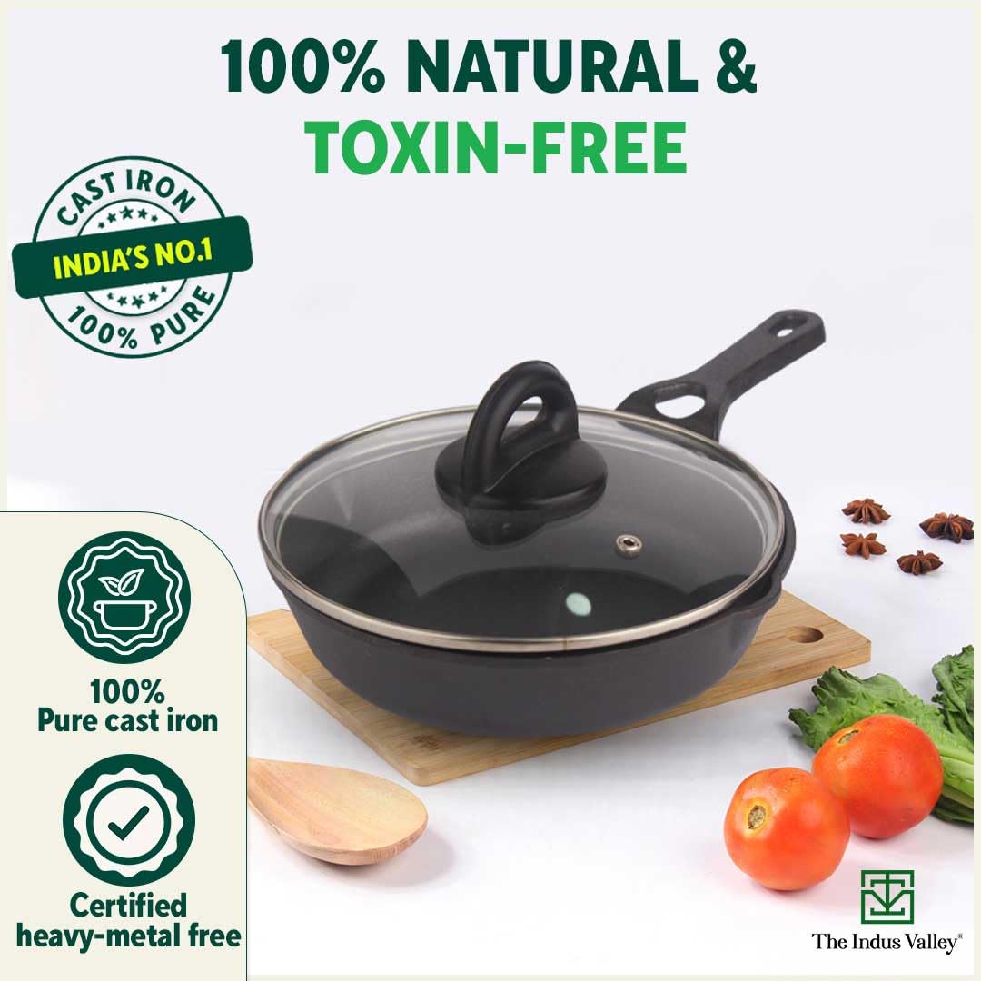 Pre-Seasoned Black Cast Iron Fry Pan Or Skillet With Glass Lid - Medium, 20.3cm, 8 Inch, 0.9 Ltr, 1.6 Kg | Induction Friendly, Nonstick Fry Pan, 100% Pure & Toxin Free, No Chemical Coating