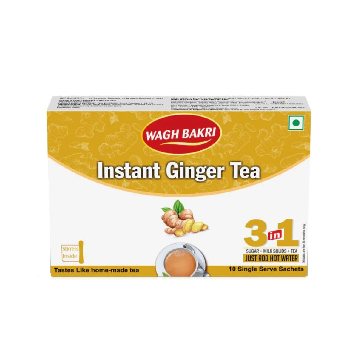 Wagh Bakri Instant Ginger Tea Premix - 140gm, 4.9 Ounce, 10 Single Serve Sachets | 3 In 1 Sugar + Milk Solids + Tea, Just Add Hot Water - Tastes Like Homemade Tea | Caffeine Free