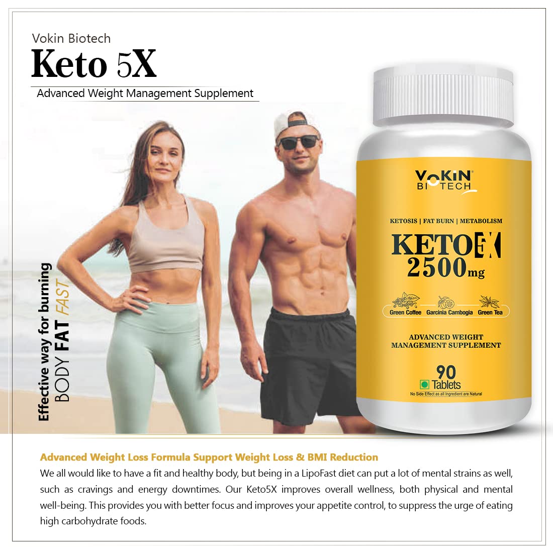 Vokin Biotech Keto 5x With Garcinia Cambogia Natural Weight Loss Supplement For Men & Women | 90 Tablets 150gm 0.3lbs
