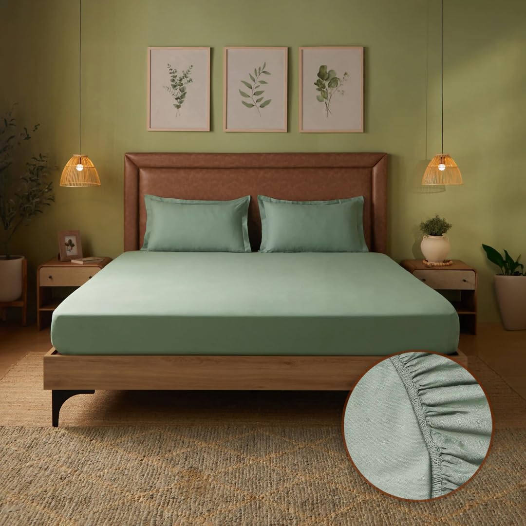 Queen Size Bedsheet For Double Bed With 2 Pillow Cover - 60 X 78 Inches, Sage Green | 100% Cotton, Soft & Breathable - Bedsheet Collection