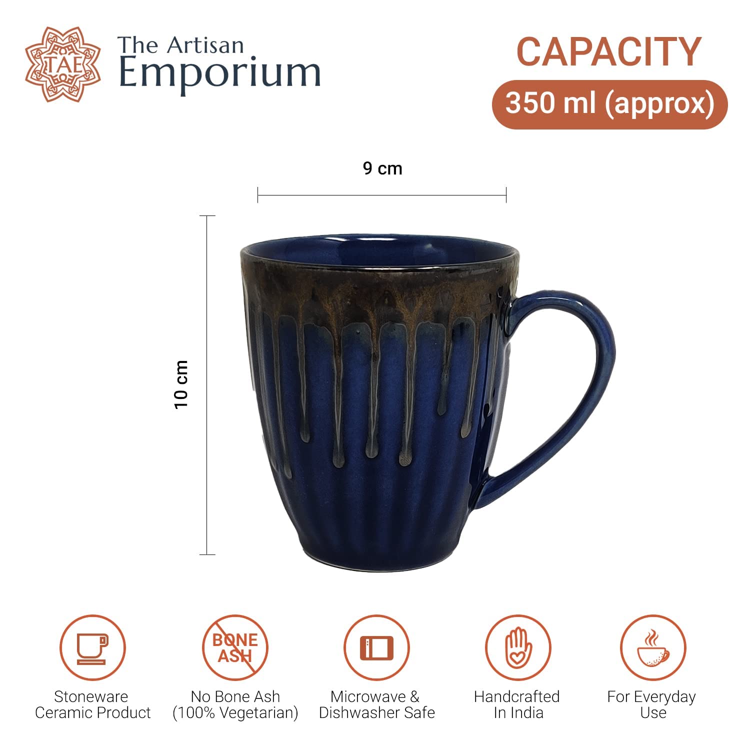 Handcrafted Midnight Blue Drip Ceramic Coffee Mug Set Of 2 - 350ml Each | Ceramic Mugs For Coffee, Tea, Milk - Microwave Safe & Dishwasher Safe
