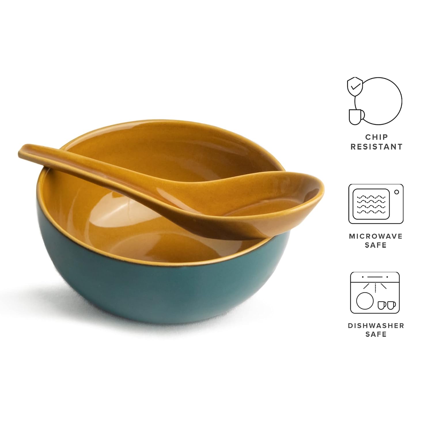 Ceramic Soup Bowl Set With Spoons - 300ml Each, Teal Green | 6 Pieces Soup Bowls + 6 Spoons | Glossy Finish - Premium Stoneware Ceramic Soup Bowls With Spoons | Soup Bowl Set Of 6