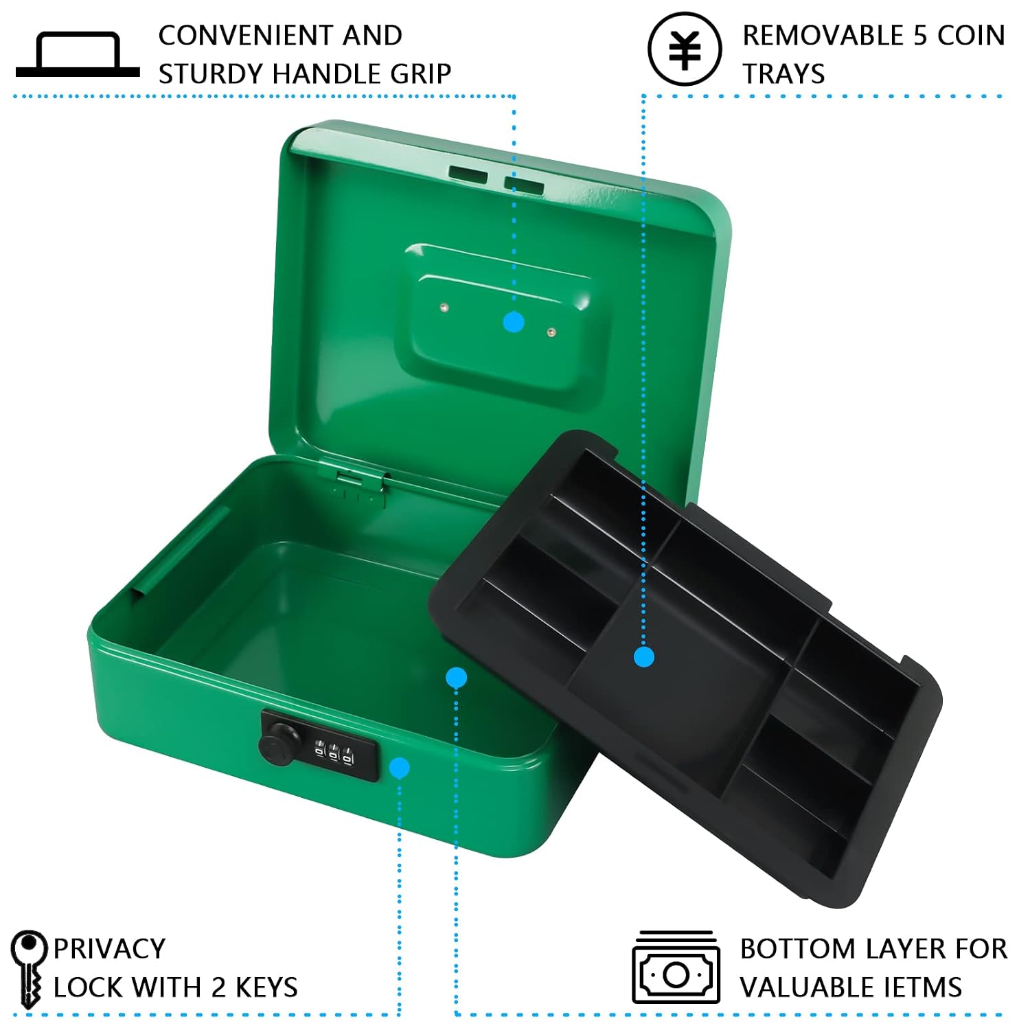 Large Cash Box With Combination Lock Safe Metal Money Box With Money Tray For Security Lock Box 9.84"X 7.87"X 3.54" Colour - Green