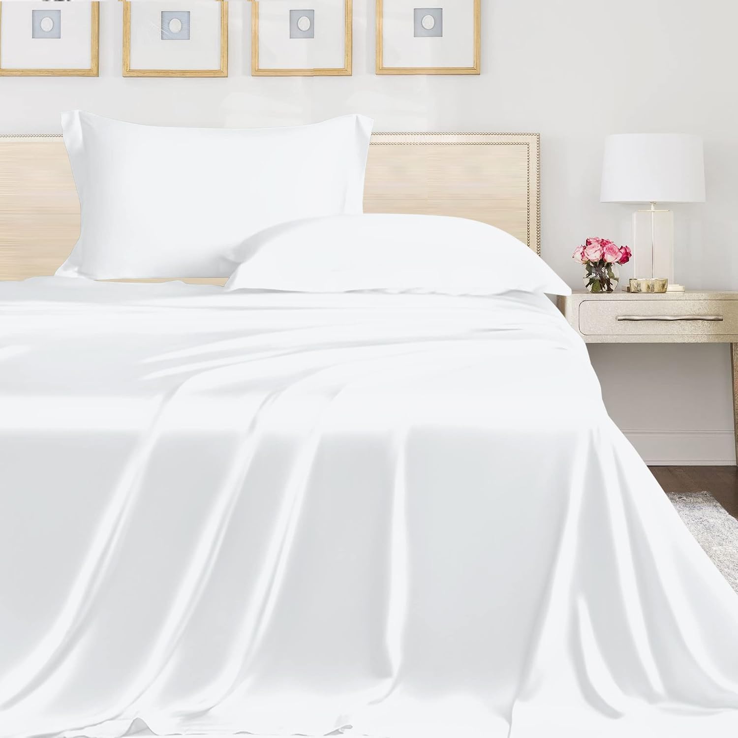 Plain Elastic Fitted King Size Bedsheet With 2 Pillow Cover - 90 X 100 Inches, White | 400 Thread Count Silky Soft | Naturally Soft, Breathable, & Skin-Friendly
