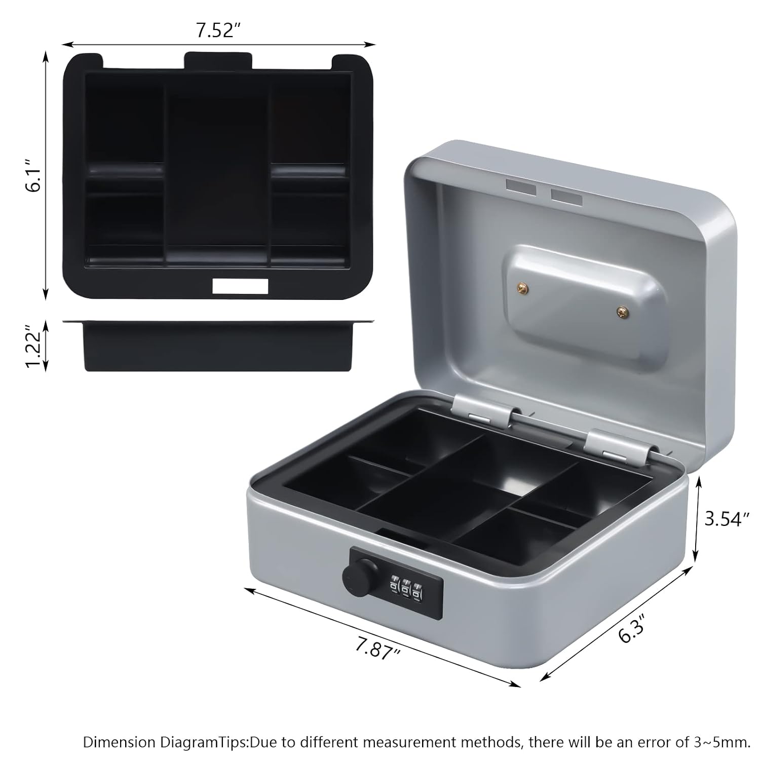 Medium Metal Cash Box With Combination Lock Safe & Money Tray For Security 7.87"X 6.30"X 3.54" Colour - Lightgrey