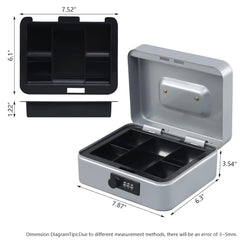 Medium Metal Cash Box With Combination Lock Safe & Money Tray For Security 7.87"X 6.30"X 3.54" Colour - Lightgrey