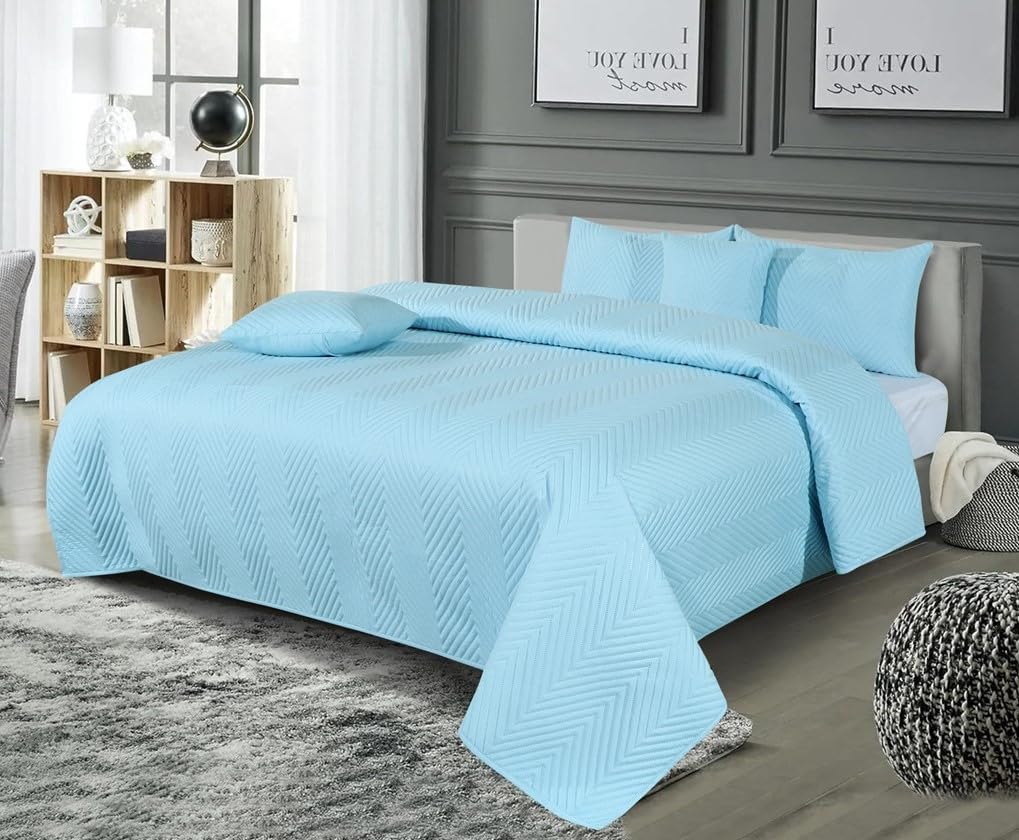 Luxurious Bedsheet For Double Bed With 2 Pillow Cover + 2 Cushion Cover - 90 X 100 Inches, Sky Blue | All Weather 5 Pcs Glace Cotton Ultrasonic TC - 280