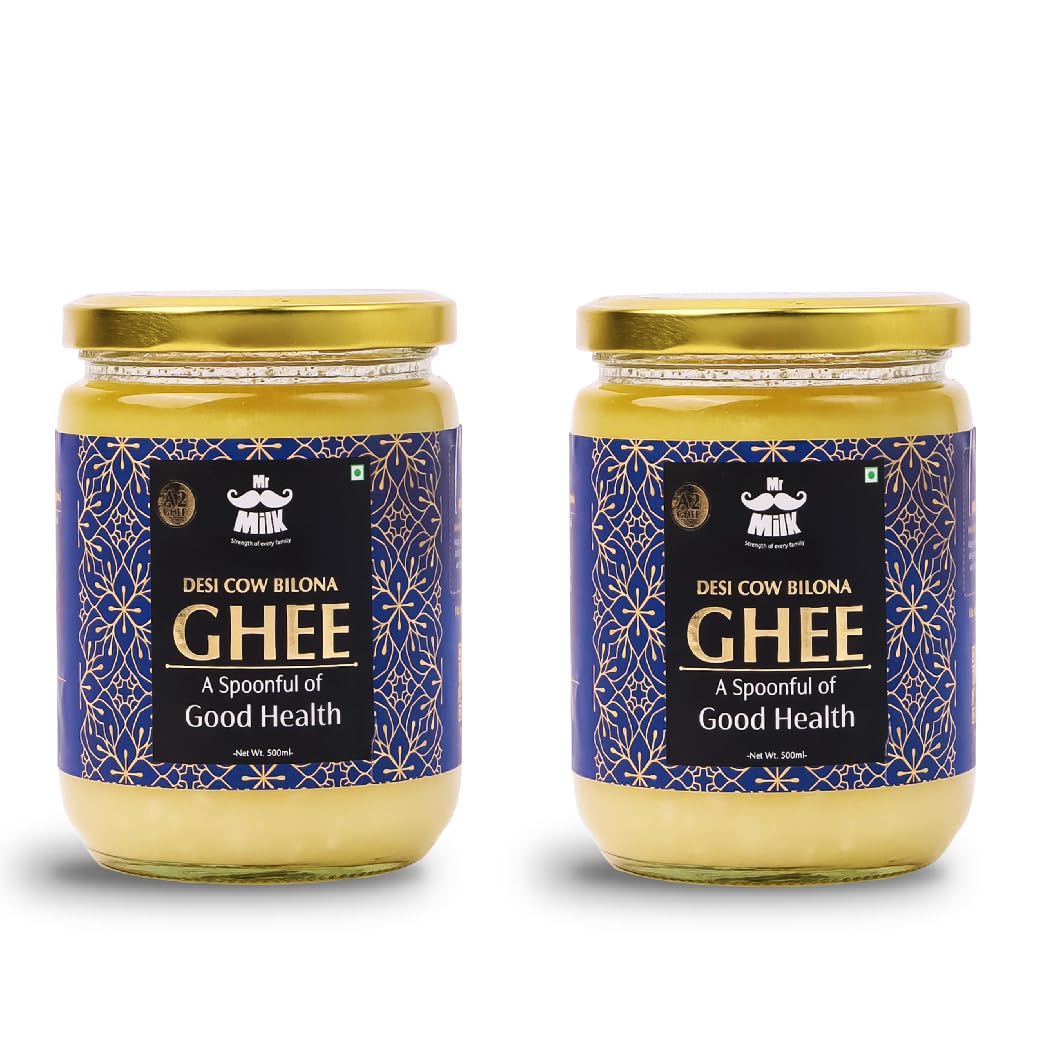 Pure Natural Desi Cow Bilona Ghee By Mr. Milk | Rich In Nutrients & Energy Healthy Pure Desi Ghee Good For Overall Health | 1 Litre (500ml * 2) 33.8 Ounce | Jar Pack