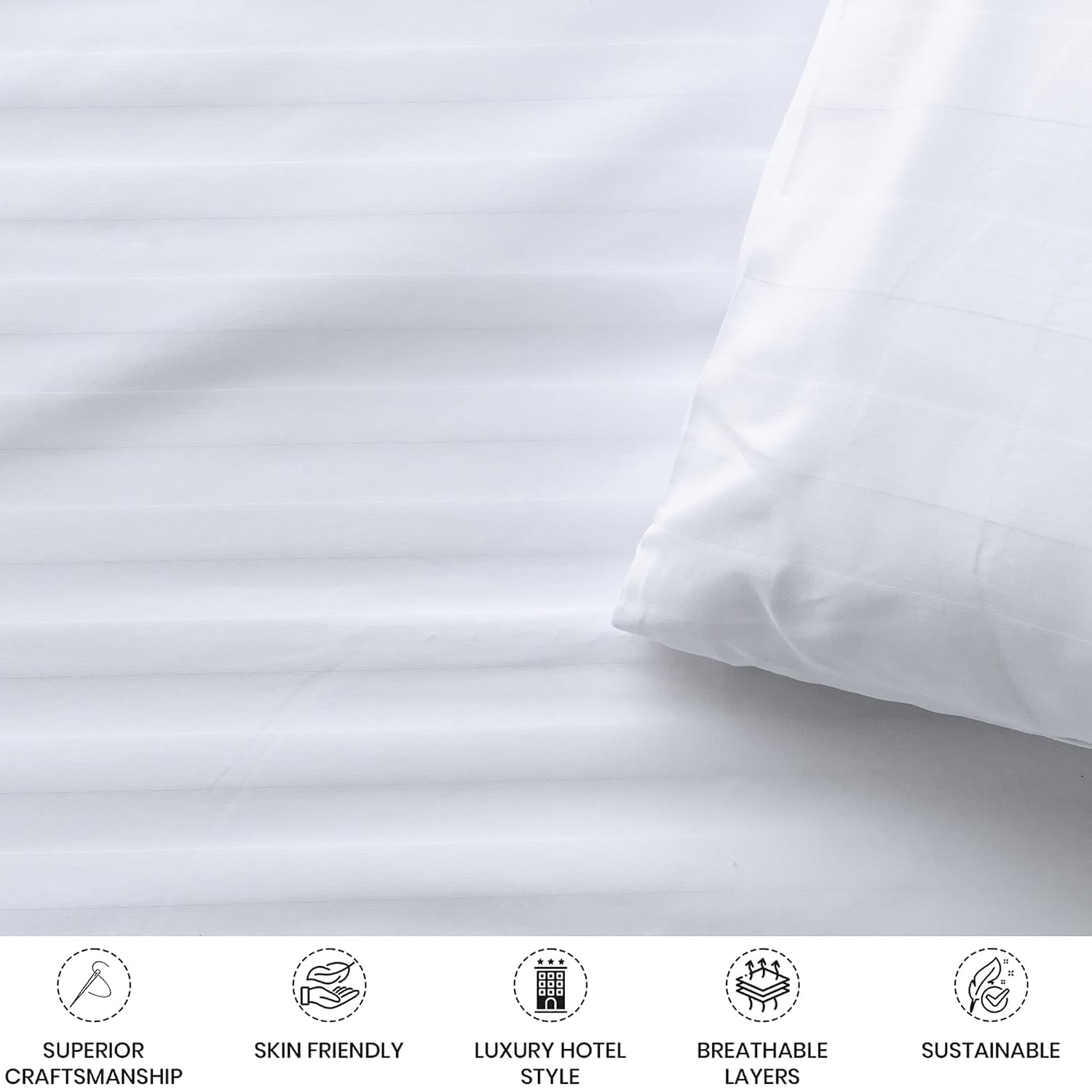 100% Cotton Stripes King Size Fitted Bedsheet With 2 Pillow Covers - 78 X 78 Inches, White | Premium Fabric Is Lightweight, Soft & Comfortable
