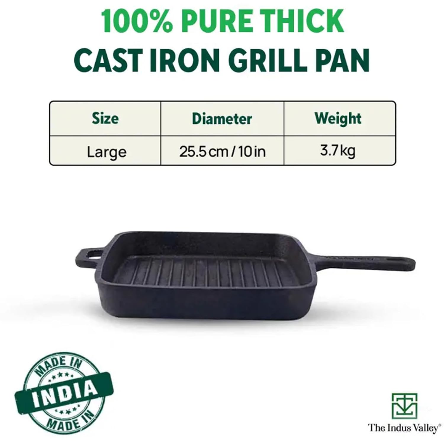 Pre-Seasoned Black Cast Iron Grill Pan With Long Handle & Silicon Grip - Medium, 25 Cm, 9.8 Inch, 1.5 Ltr, 3.4 Kg | Induction Friendly, 100% Pure & Toxin-Free, No Chemical Coating