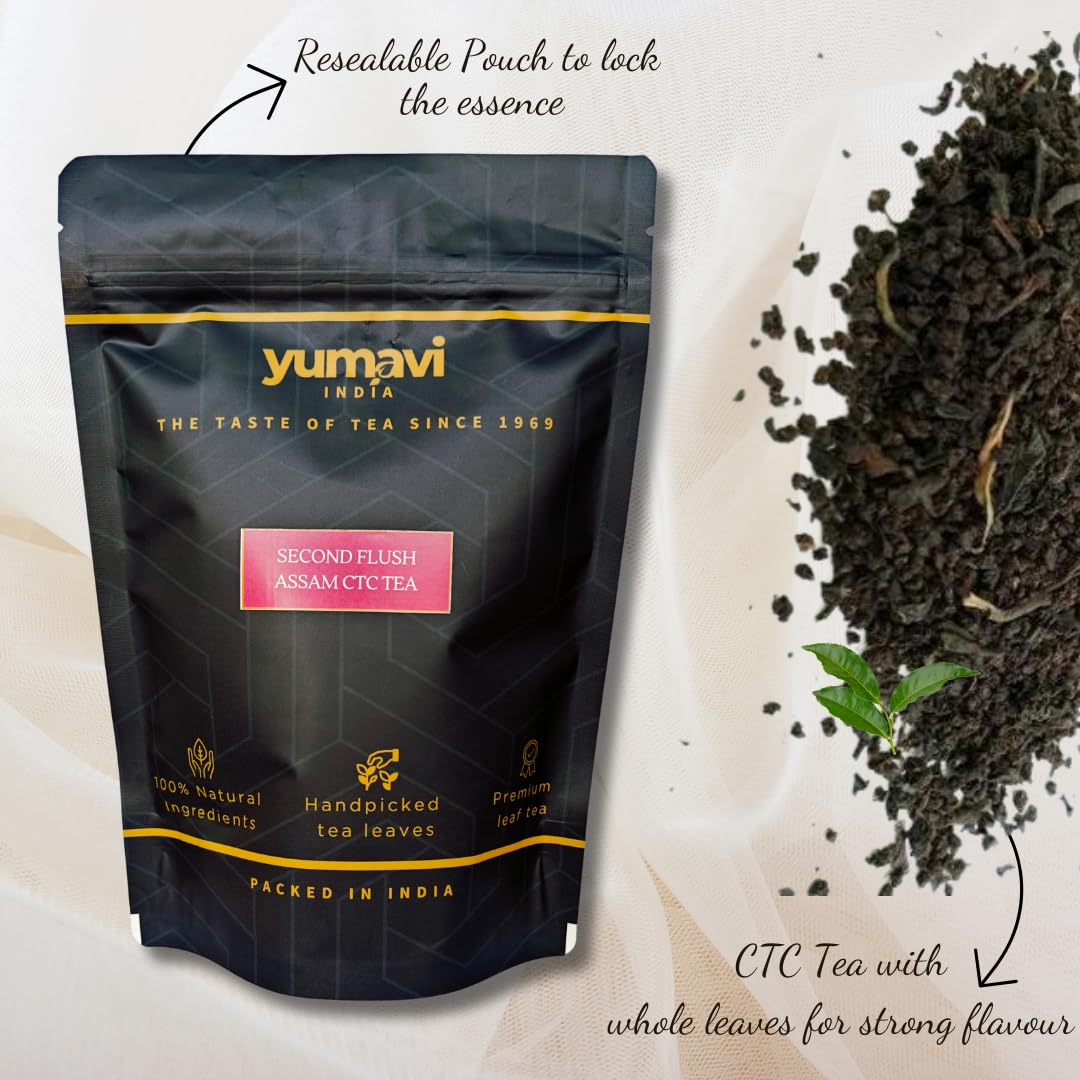 Yumavi Second Flush Assam CTC Tea - Pack Of 2 X 250gm, 8.8 Ounce Each | Rich, Bold & Smooth Taste - Freshly Handpicked Kadak Chai Patti | Strong Chai With Whole Leaves, Medium Caffeine