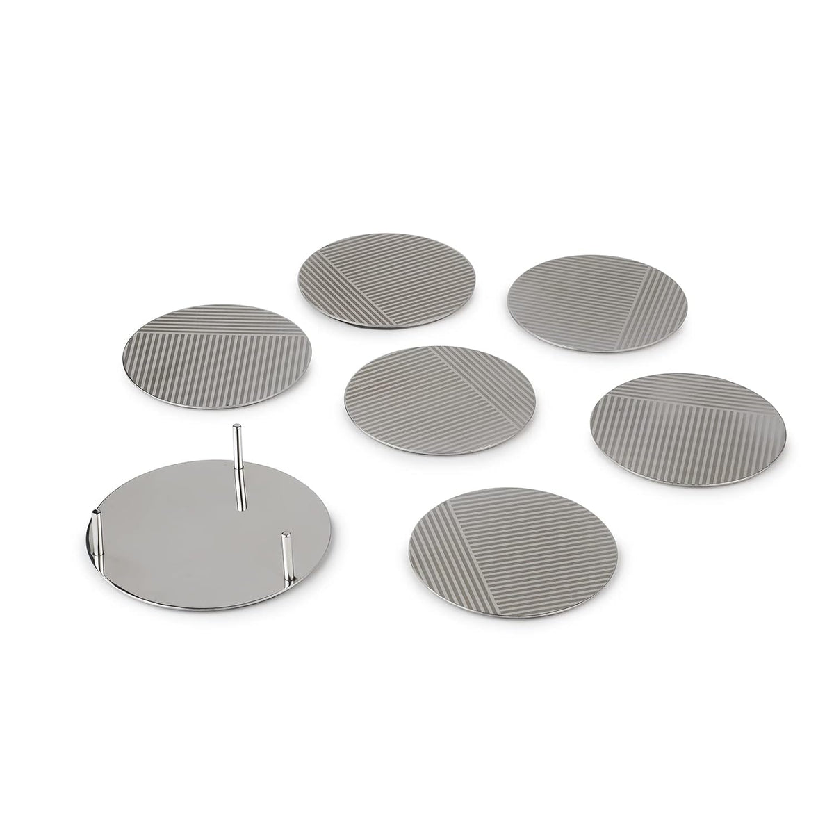 Stainless Steel Designer Round Coaster Pack Of 6, Chrome | Corporate Gifting For Diwali - Drink Glass Holder For Home, Counters Kitchen | Geometric Patterns - Serve Ware, Dinnerware & Tableware