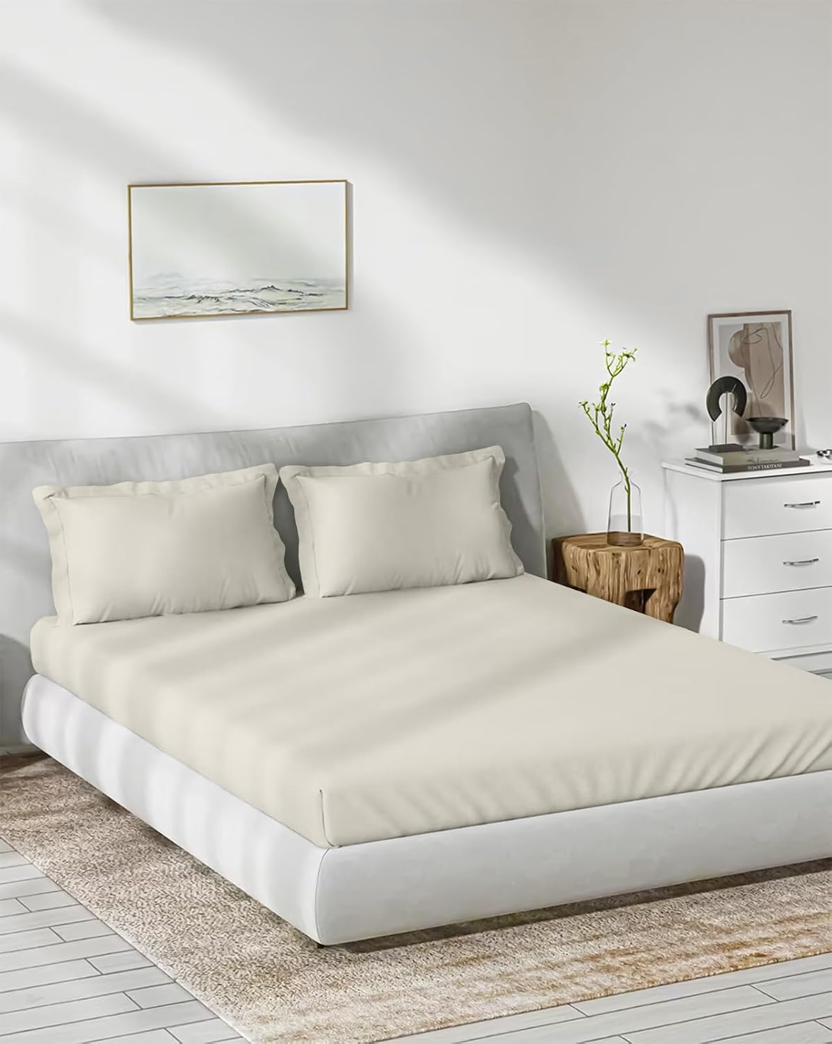 Elastic Fitted Bedsheet With 2 Pillow Cover - 78 X 84 Inches, Off White | Soft, Breathable & Eco-Friendly | Perfect Gifting Festival, Housewarming, Anniversaries
