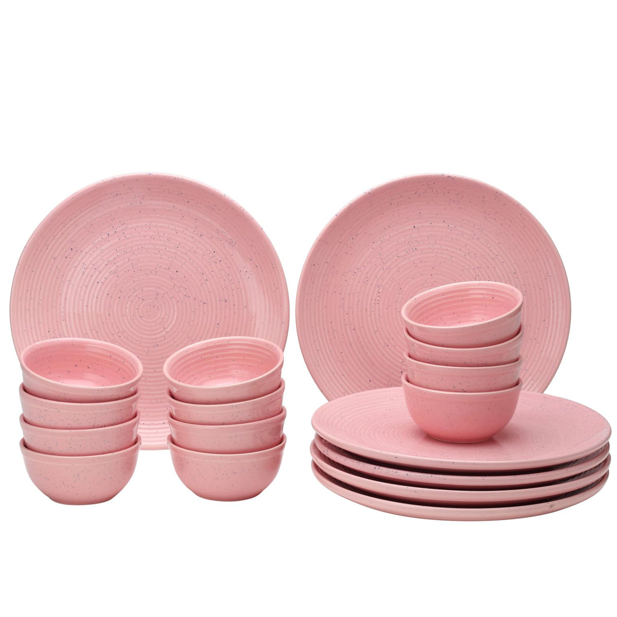 Handcrafted Ceramic Stoneware Dinner Set - Pack Of 18 Pcs, Pastel Pink | 6 Dinner Plates, 10.6 Inch Each + 12 Small Dinner Bowl, 180ml Each - Microwave & Dishwasher Safe