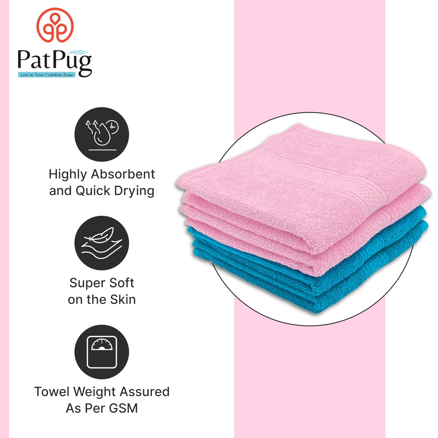 Patpug 100% Indian Ultra Soft Cotton Hand Towel 600 Gsm | For Gym, Workout, Yoga, Wash Basin (Teal & Sweet Pink) - 4 Piece