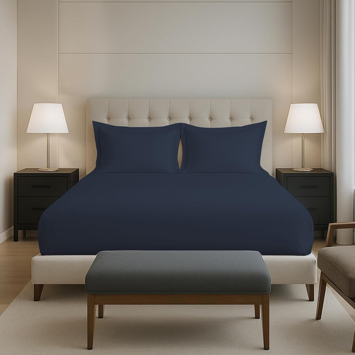 Plain Cotton Elastic Fitted Bedsheets Queen Size Two Pillow Cover - 63 X 78 Inches, Dark Blue | Breathable & Smooth Bedding Wrinkles | Elegant Hotel Like Look