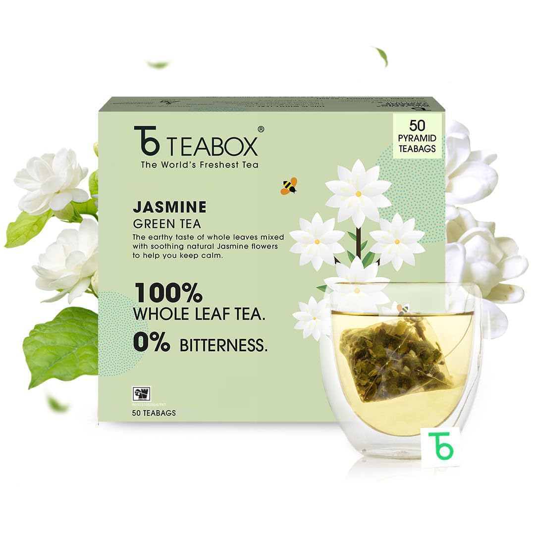 Teabox Jasmine Green Tea - 50 Pyramid Teabags | Made With 100% Whole Leaf - Natural Jasmine Flowers Sourced From Madurai | Low Caffeine, 0% Bitterness