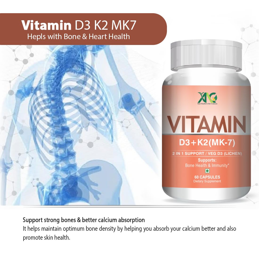 Anc Vitamin D3 K2 Mk7 Supplement, Supports Stronger Immunity & Bone & Heart Health For Men And Women | 60 Capsules, 100gm 0.2lbs