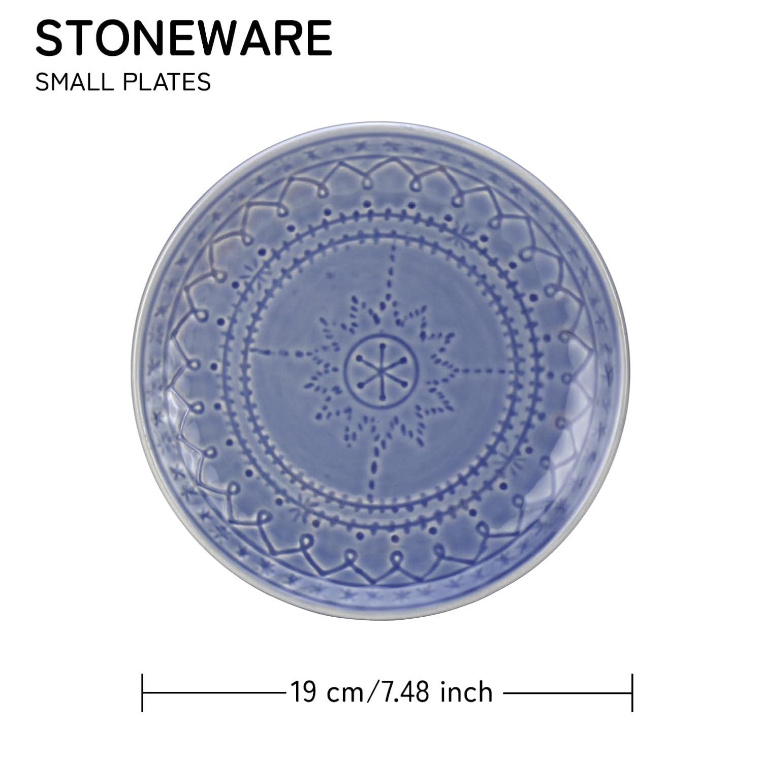 Ceramic Hand Glazed Stoneware Embossed Small Plates Set Of 4 - 7.4 Inch, Mist Blue | Microwave Safe & Dishwasher Safe – Handcrafted Quarter Plates Set