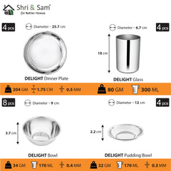 Stainless Steel Delight Solid Dinner Set Of 28 Pieces, Silver | 4 Dinner Plates+ 4 Glasses+ 8 Bowls+ 4 Pudding Bowls+ 4 Dessert Spoons+ 4 Dessert Fork - Easy To Clean & Dishwasher-Safe