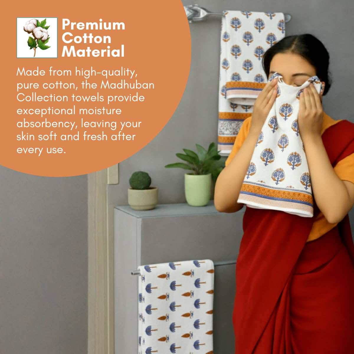 Mafatlal Madhuban Premium Waffle Cotton 1 Bath & 2 Hand Towel 700 Gsm | Hand Printed Quick Dry, Soft & Absorbent Towel (Almond) - 3 Pcs
