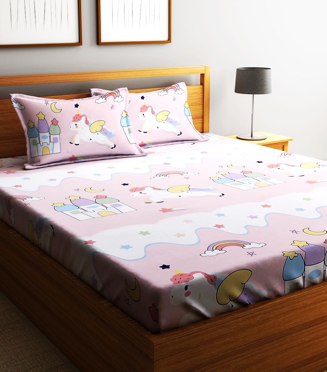 Microfiber Kids Unicorn Elastic Fitted Double Bedsheet With 2 Pillow Covers | 90 X 90 Inches, Baby Pink | Normal Hand Wash Or Machine Wash