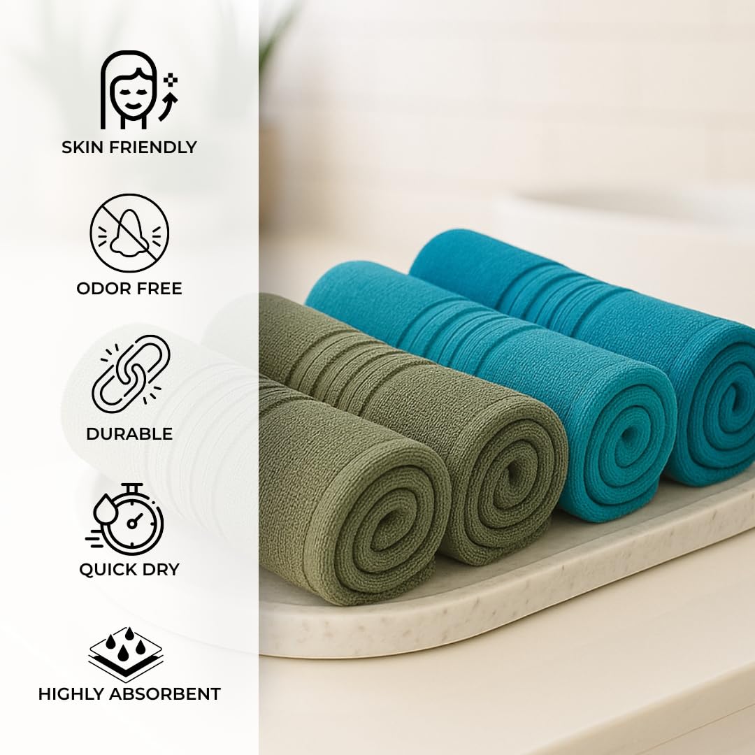 Akiko Home 100% Cotton Essential Series Face Towel 600 Gsm | Soft Absorbent & Durable Washcloth For Men & Women, Compact Travel Towel -Pack Of 4 (Green & Teal)