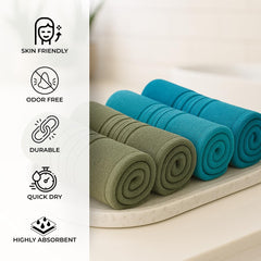 Akiko Home 100% Cotton Essential Series Face Towel 600 Gsm | Soft Absorbent & Durable Washcloth For Men & Women, Compact Travel Towel -Pack Of 4 (Green & Teal)