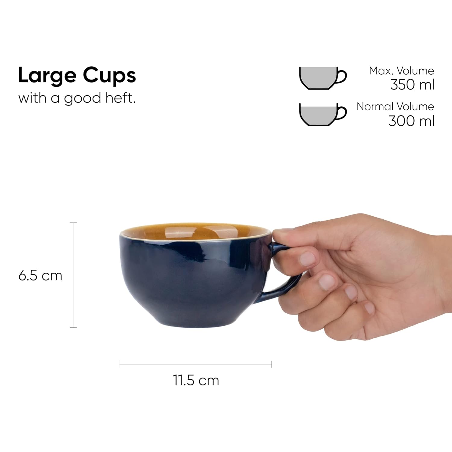 Large Ceramic Coffee Cup Set Of 2 - Midnight Blue, 350ml Each | Cappuccino Cup With Glossy Finish - Large Ceramic Coffee Cup | Premium Stoneware Coffee Cup - Microwave Safe, XL Cuppa