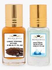 Menjewell Aqua Fresh Blue + Light Coffee Attar Perfume 5ml 0.17 Fl.oz. Each Pack Of 2 | Unisex Fragrance | Long Lasting