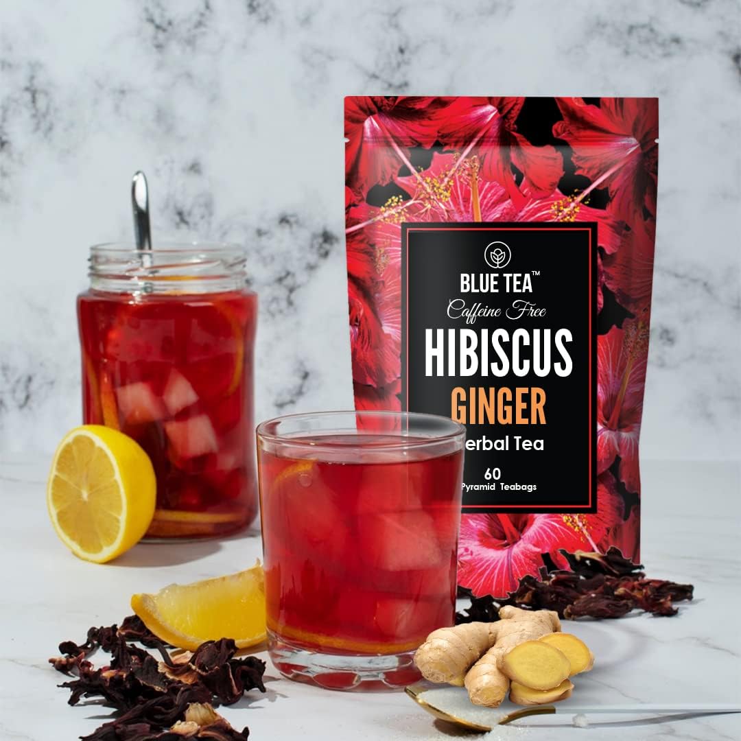 Blue Tea Caffeine Free Hibiscus Ginger Herbal Tea - 60 Pyramid Tea Bags | Skin Glow Enhancing Tea - Gluten Free, Non GMO | Plant Based Tangy & Spicy - Zip Lock Pouch