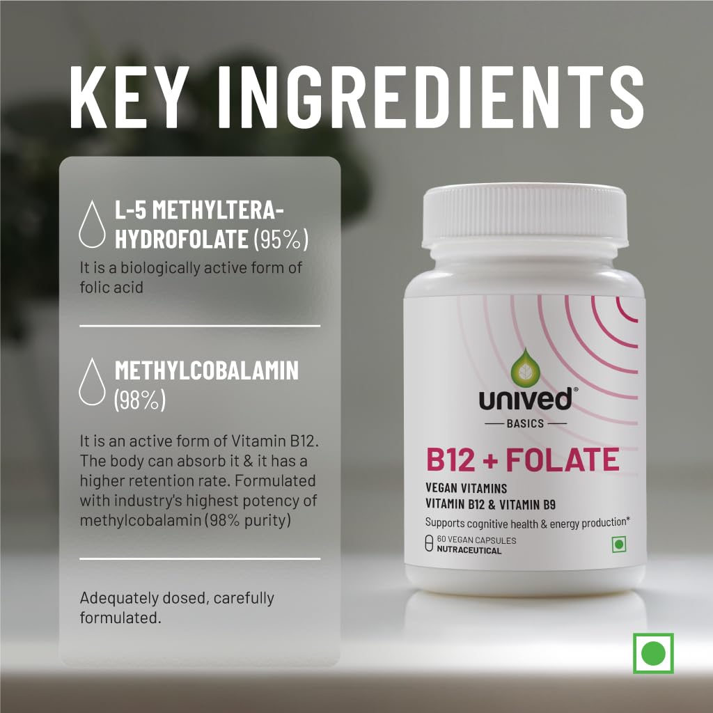 Unived Basics B12+ Folate , Vitamin B12 , Essential For Vegan & Vegetarians | 60 Vegan Capsules , 100gm 0.2lbs