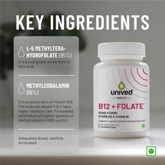 Unived Basics B12+ Folate , Vitamin B12 , Essential For Vegan & Vegetarians | 60 Vegan Capsules , 100gm 0.2lbs
