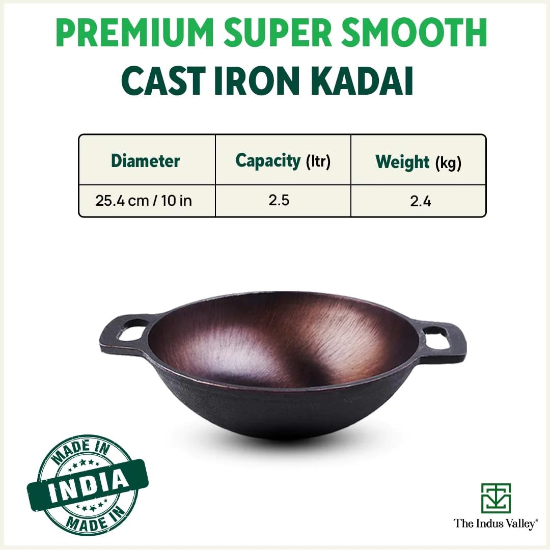 Super Smooth Black Cast Iron Kadai With Free Wooden Spatula - Medium, 25.4cm, 10 Inch, 2.5 Liters, 2.4 Kg | Naturally Nonstick, Pre-Seasoned Kadhai, 100% Pure & Toxin-Free, No Chemical Coating