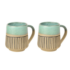 Handcrafted Dual Finish Ceramic Striped Coffee Mugs Set Of 2 - 325ml Each, Turquoise | Milk Mugs - Tea Cups & Mugs