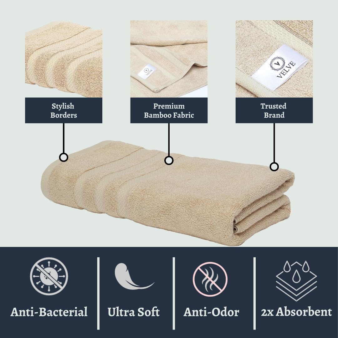 Velve Bamboo 100% Bamboo Bath Towel 600 Gsm | Ultra Soft, Super Absorbent, Antibacterial Bath Towel For Men & Women (Beige)